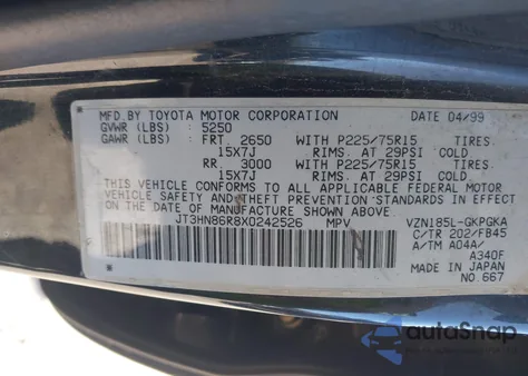 1999 Toyota 4Runner Sr5 V6 из США, поврежденный, VIN JT3HN86R8X0242526